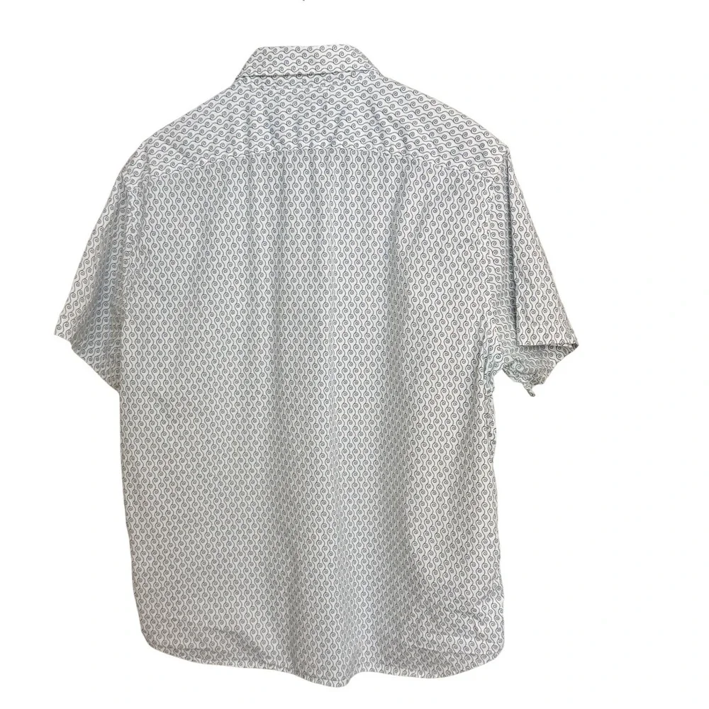 Banana Republic Button Down Mens L White Blue Cotton Stretch Swirl Short Sleeve